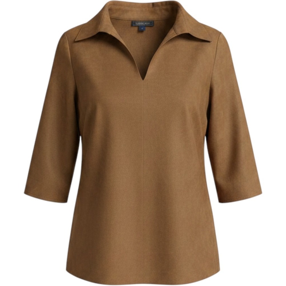 Harolds Women Brown Faux Suede V-Neck Tunic Top 3/4 Sleeve Side Zip Size 4